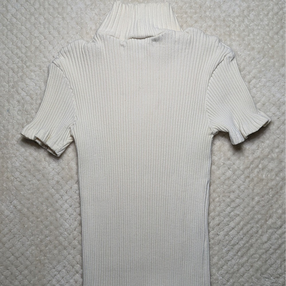 Express Tricot Vintage 90s Mock Neck Sweater Top Cream Cotton Ribbed Short S XS